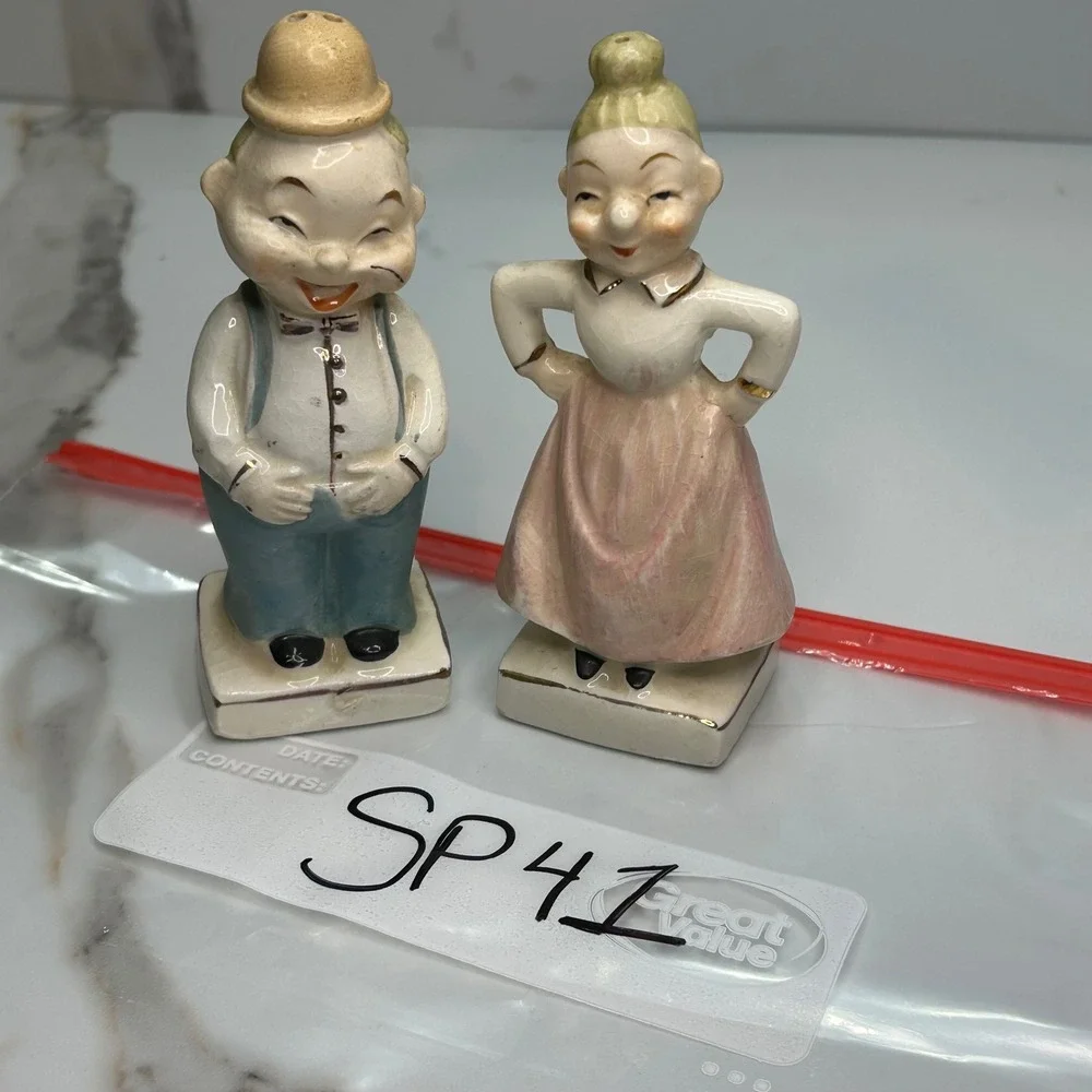Vintage 2 Sided Happy Grumpy Face Salt Pepper Shakers Japan Ceramic Mid Century